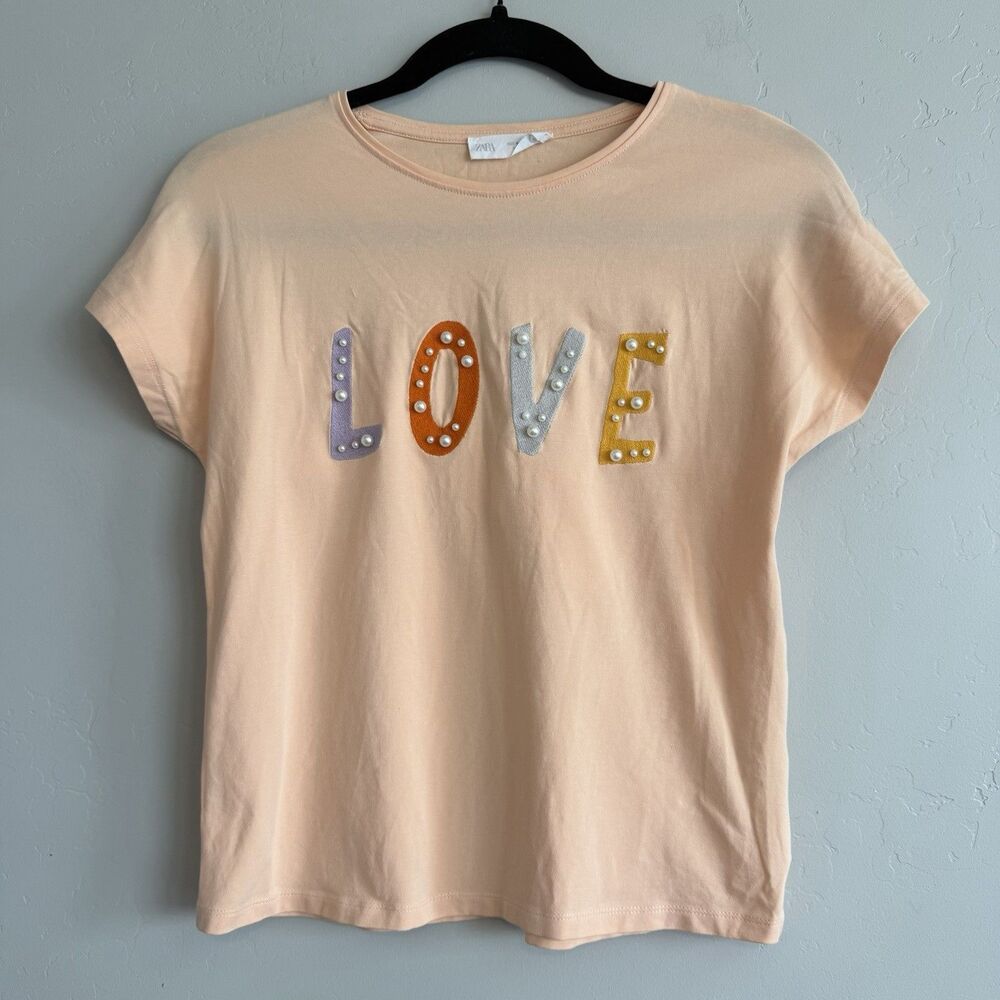 Zara Girl LOVE Top Size 11-12 T-Shirt Embroidered Pearls Pastel Pink-Peach Cute